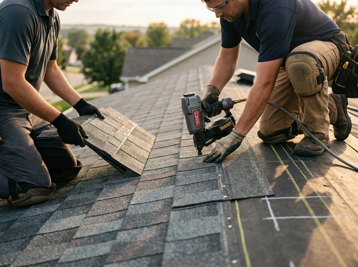 Professional roofer working on a residential roof in Greenburgh